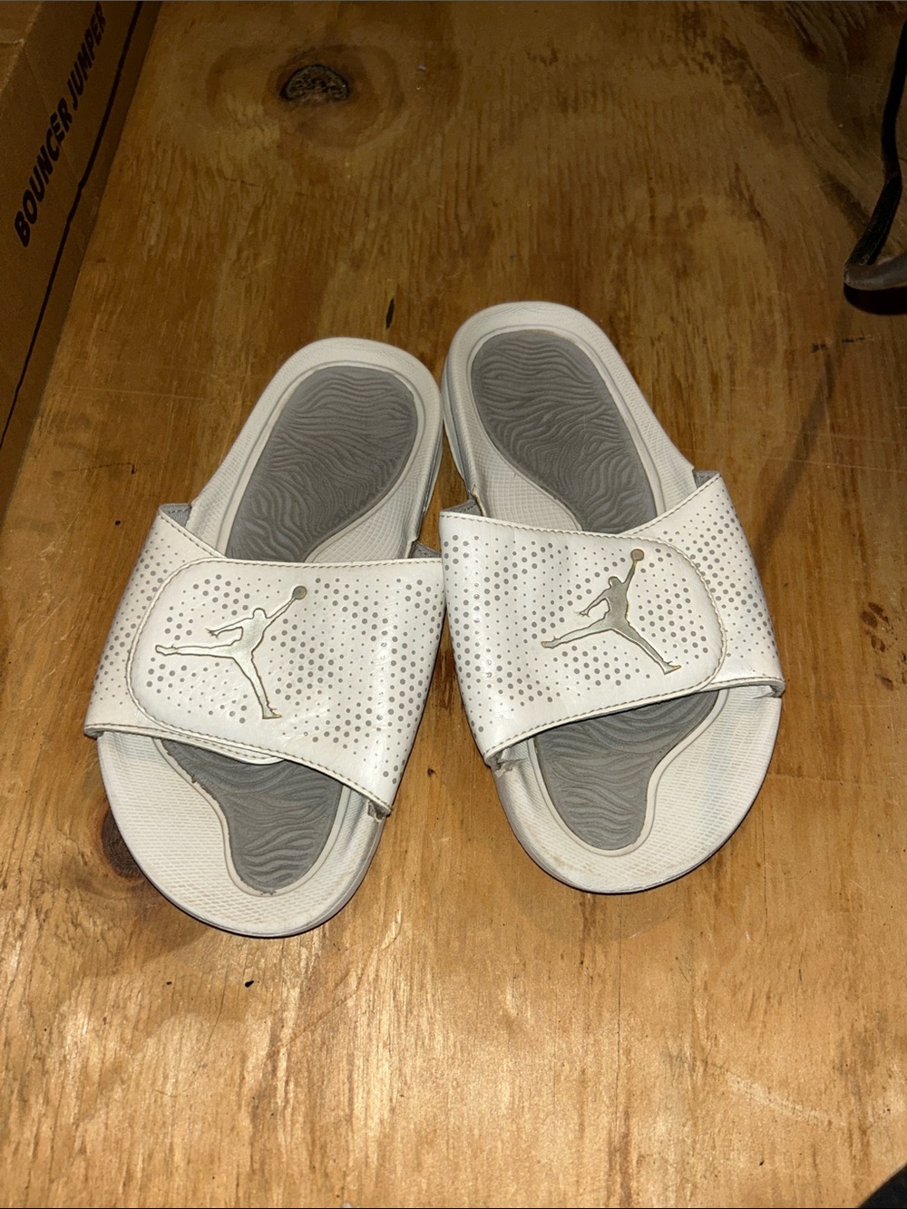 Jordan White and Light Gray Adjustable Slide Sandals